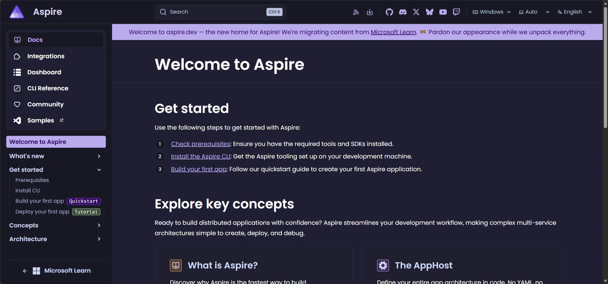 Banner on aspire.dev welcoming users to the new .NET Aspire documentation home, featuring yellow and blue gradient background with informational text about the migration from Microsoft Learn