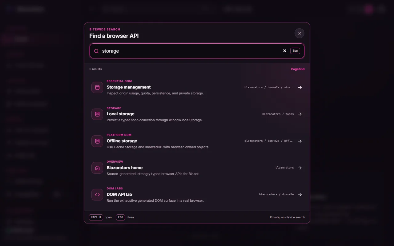 The Blazorators sample app's search dialog on GitHub Pages showing five Pagefind results for a storage query