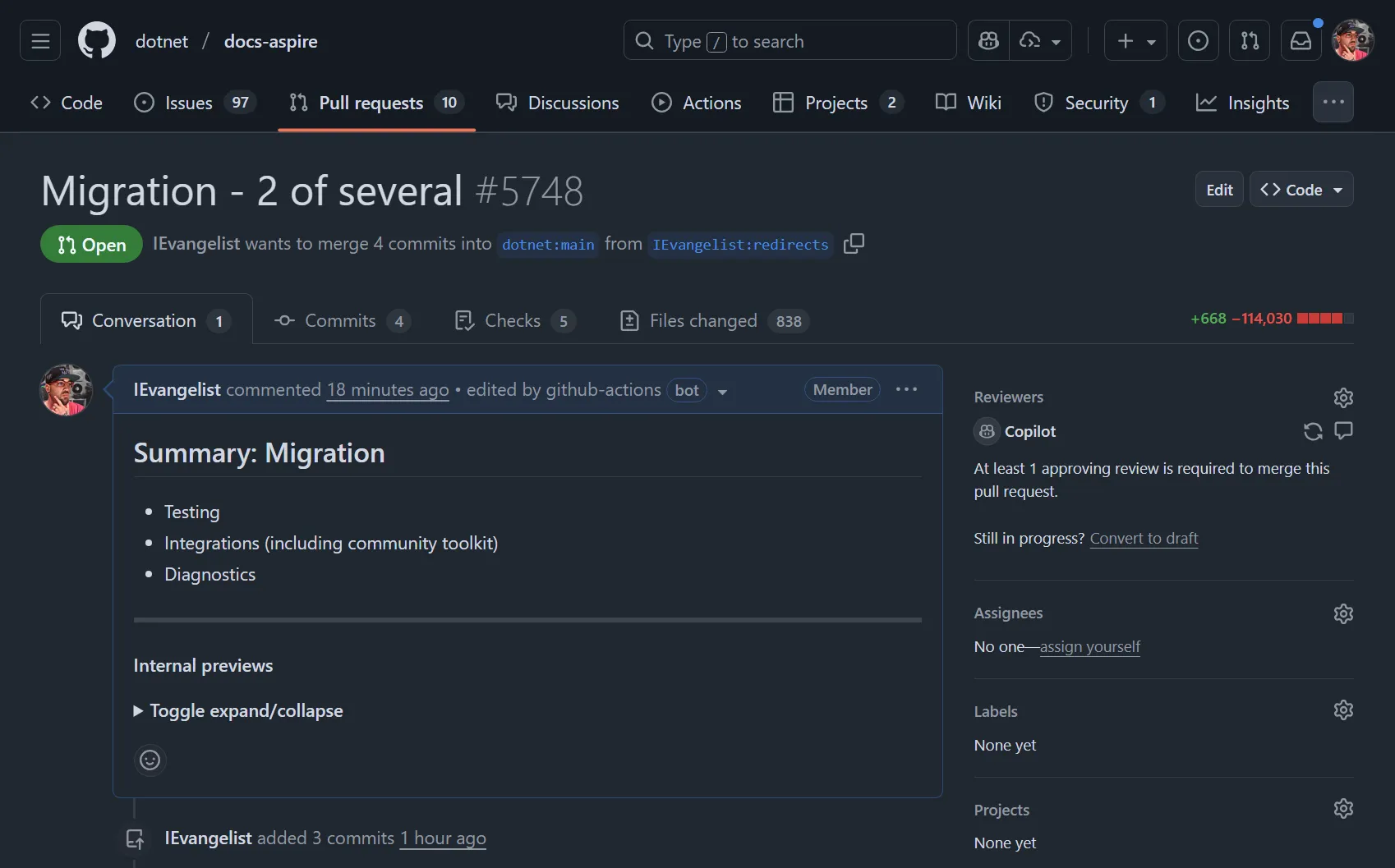 GitHub pull request showing the migration of Aspire integration documentation with a diff summary displaying +668 additions and −114,030 deletions across multiple markdown files in the aspire.dev repository