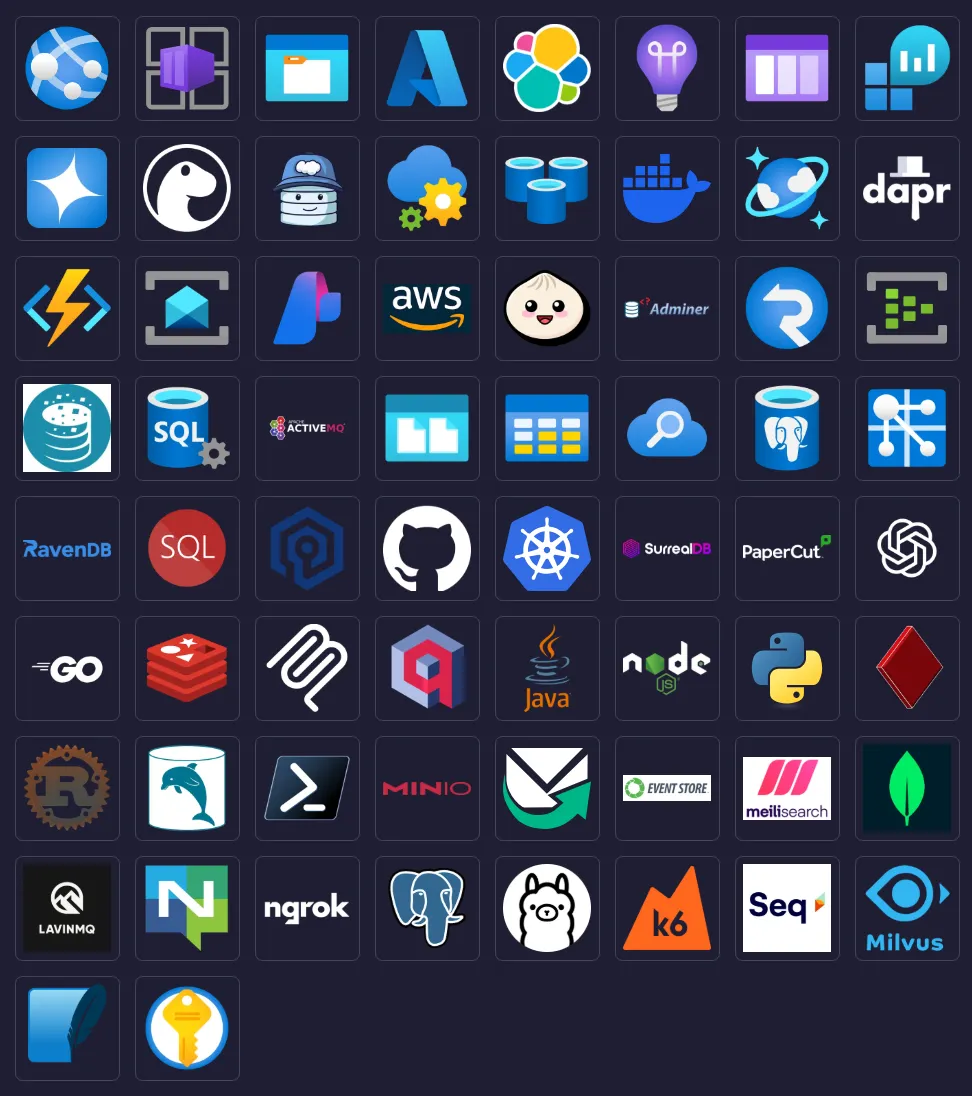 Aspire Integrations Gallery page showing a grid of colorful integration cards for various services and technologies including database providers, messaging systems, cloud services, and observability tools