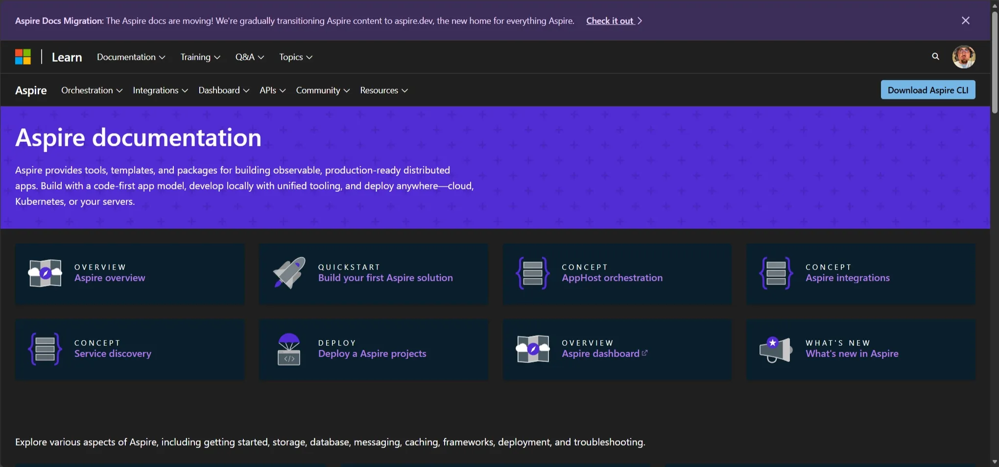 Banner on Microsoft Learn announcing the migration of .NET Aspire documentation to aspire.dev, featuring yellow and blue gradient background with informational text about the transition