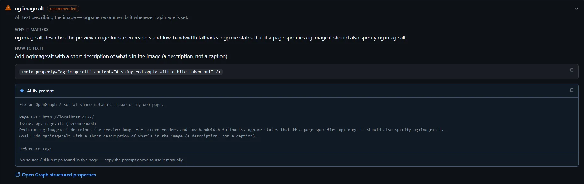 Expanding the localhost fixture's missing og:image:alt check explains the accessibility gap and generates a grounded fix prompt.