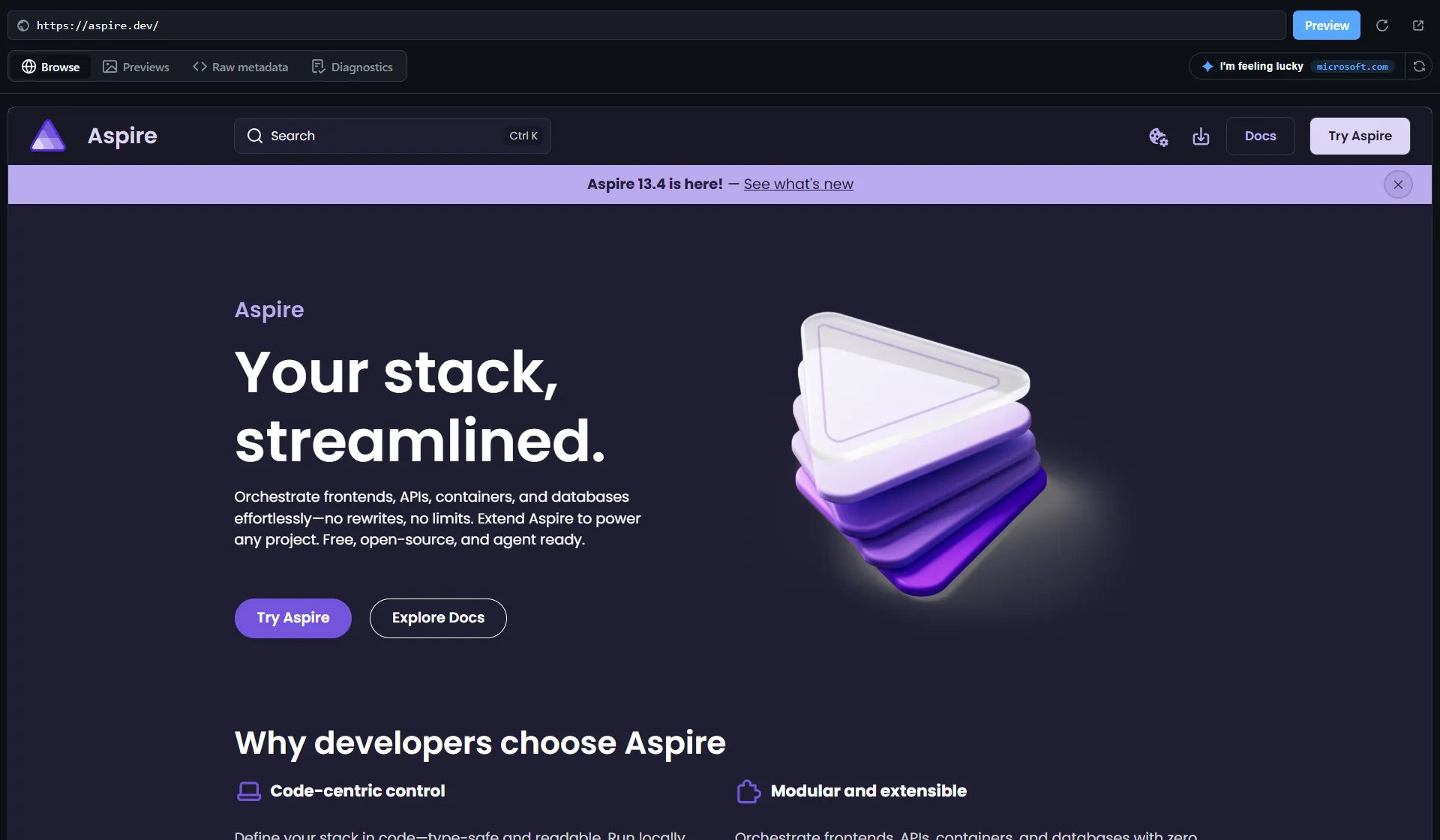 The story begins in Browse, where the canvas loads aspire.dev without leaving GitHub Copilot.