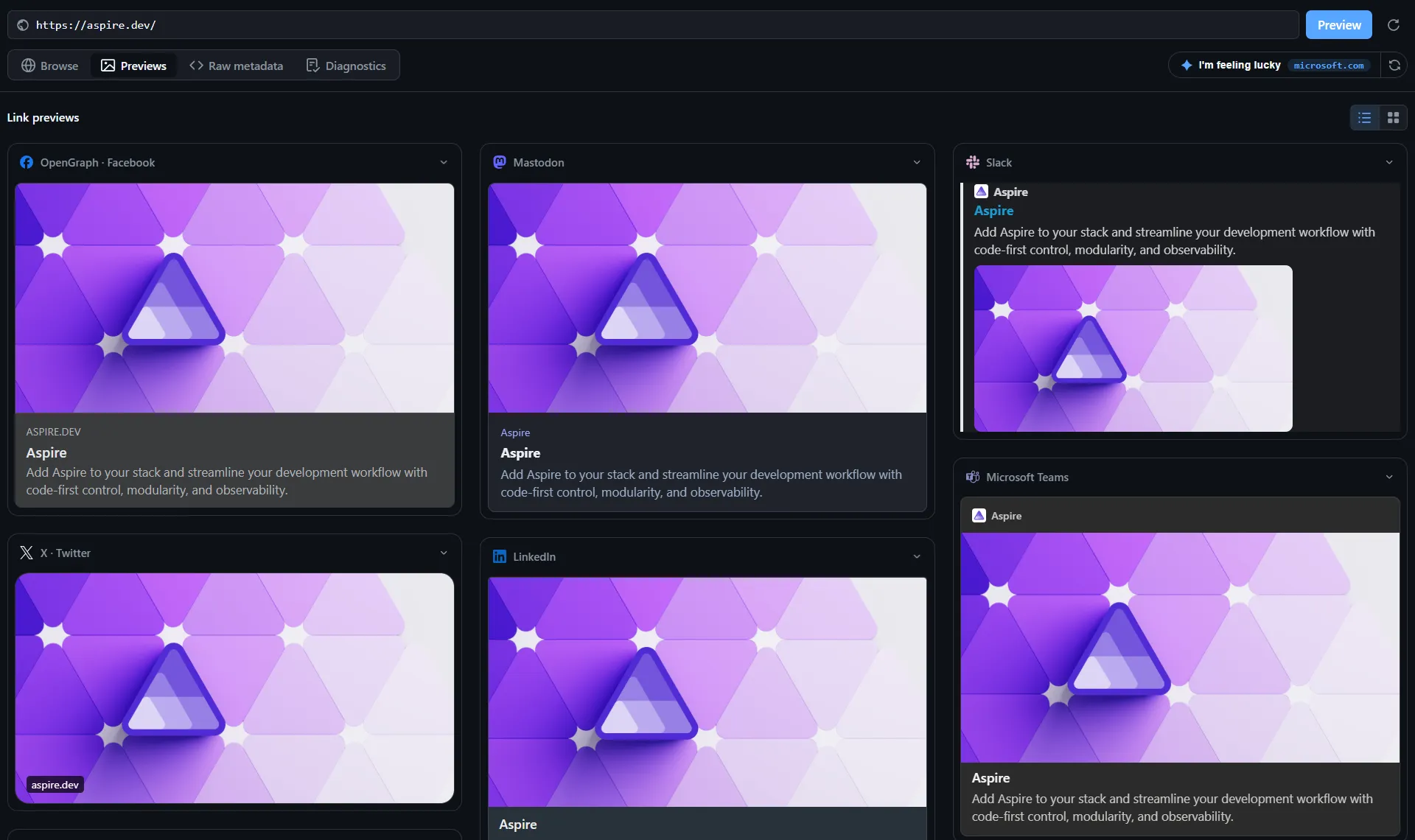 From that live page, Previews translates one set of metadata into detailed cards for every major social platform.