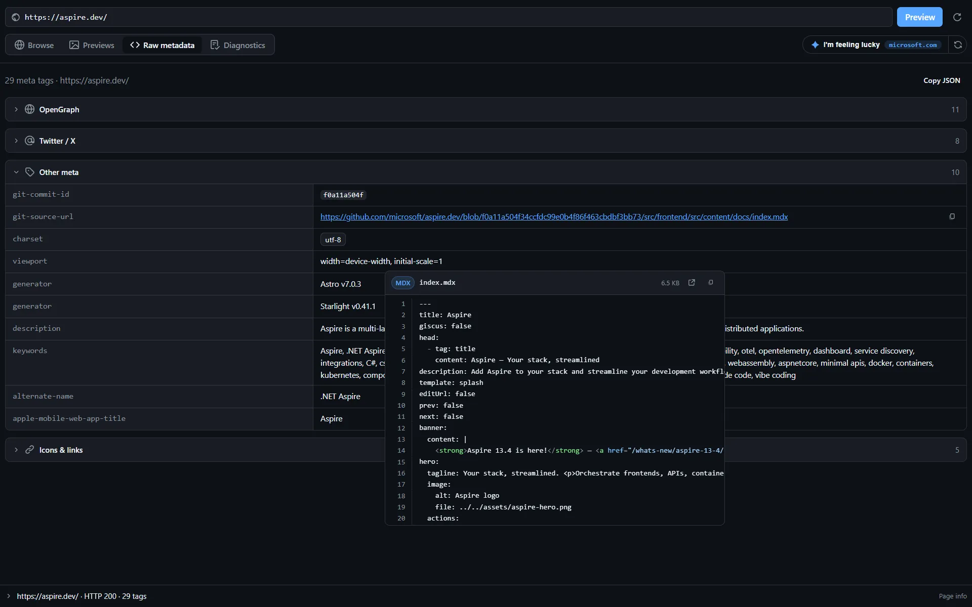 A git-source-url value then opens the exact MDX source in a syntax-highlighted hovercard, connecting rendered output to code.