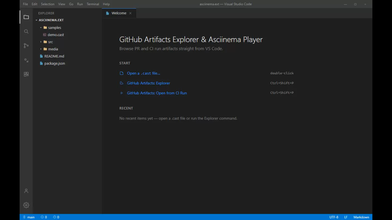 GitHub Artifacts Explorer & Asciinema Player live site screenshot in dark mode