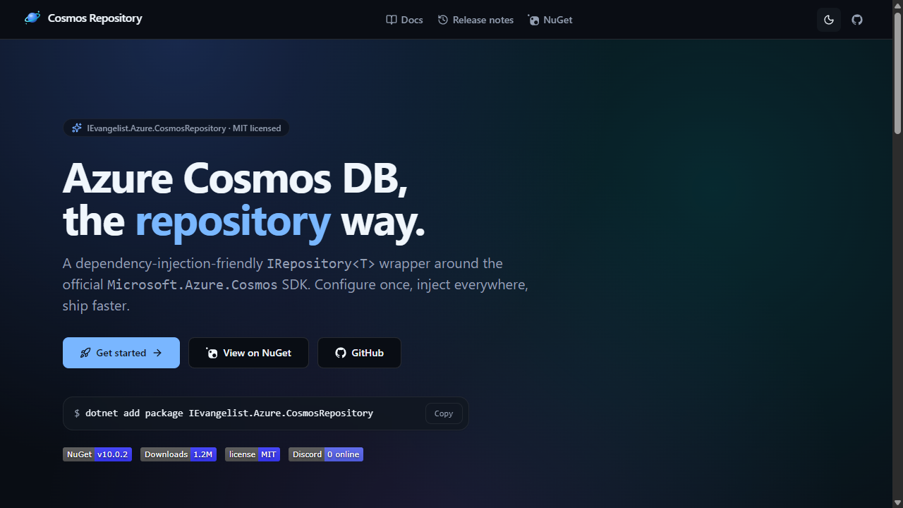 Azure Cosmos DB Repository .NET SDK live site screenshot in dark mode