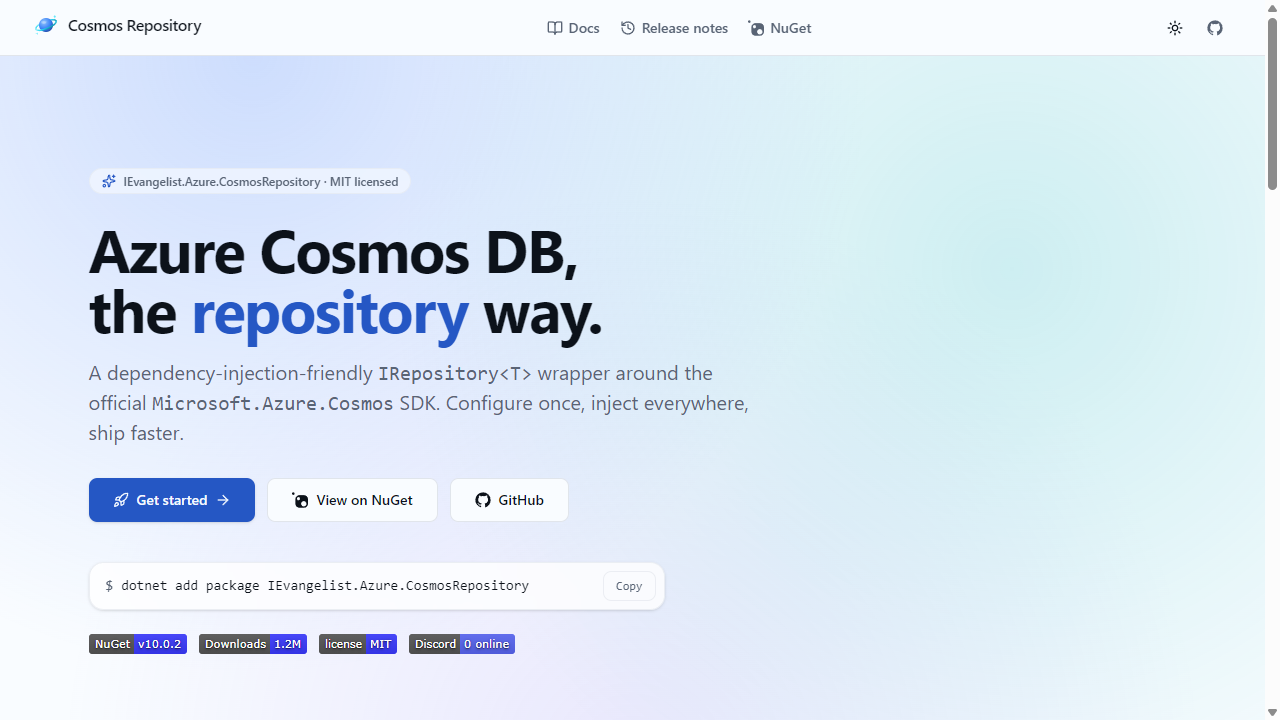 Azure Cosmos DB Repository .NET SDK live site screenshot in light mode