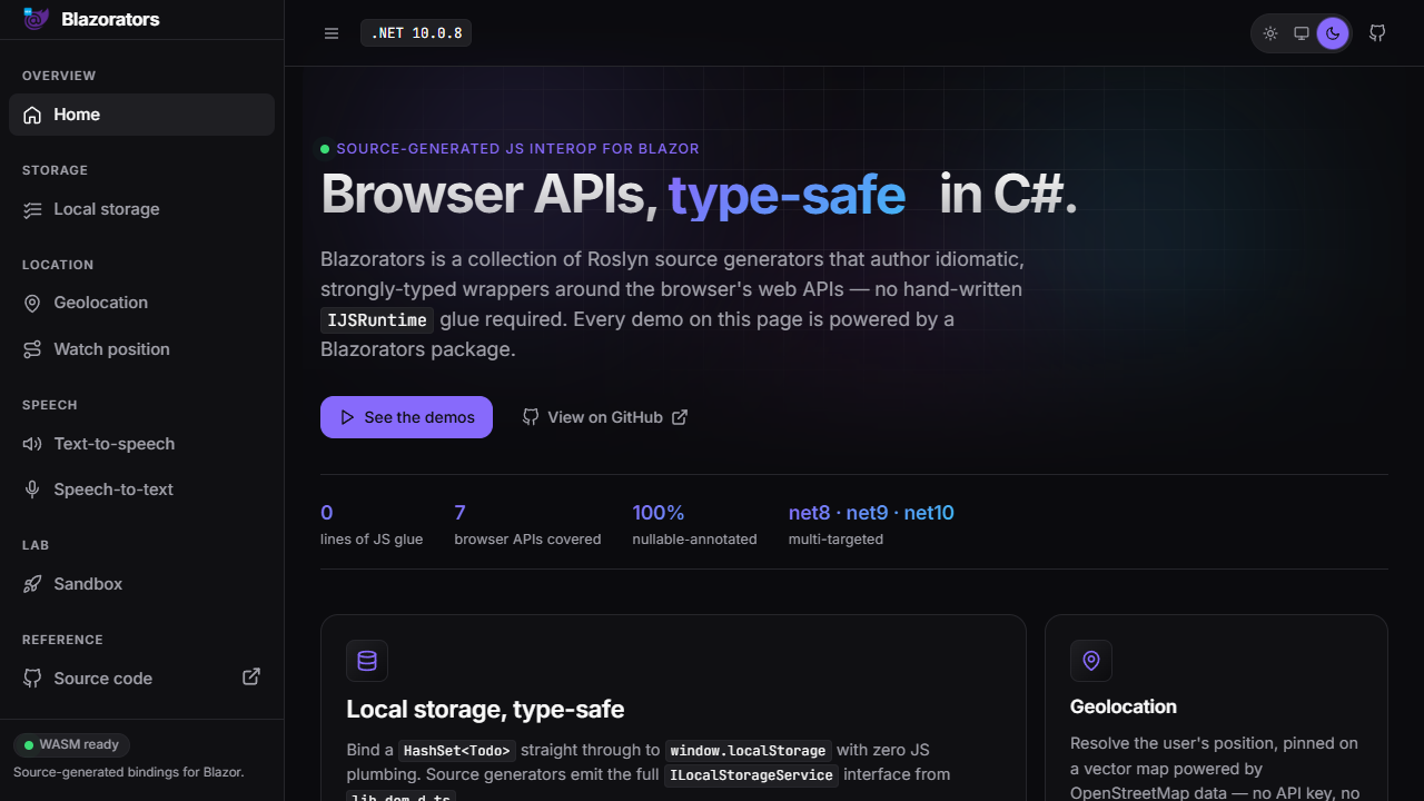 Blazorators live site screenshot in dark mode