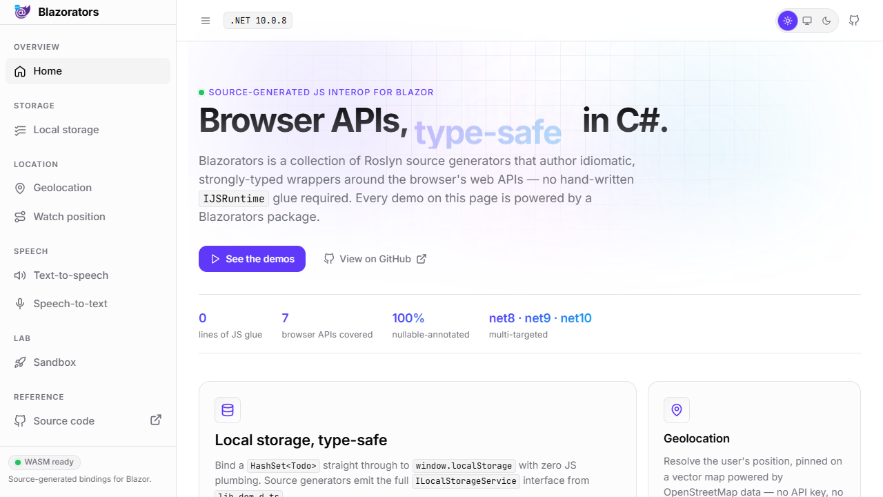 Blazorators live site screenshot in light mode