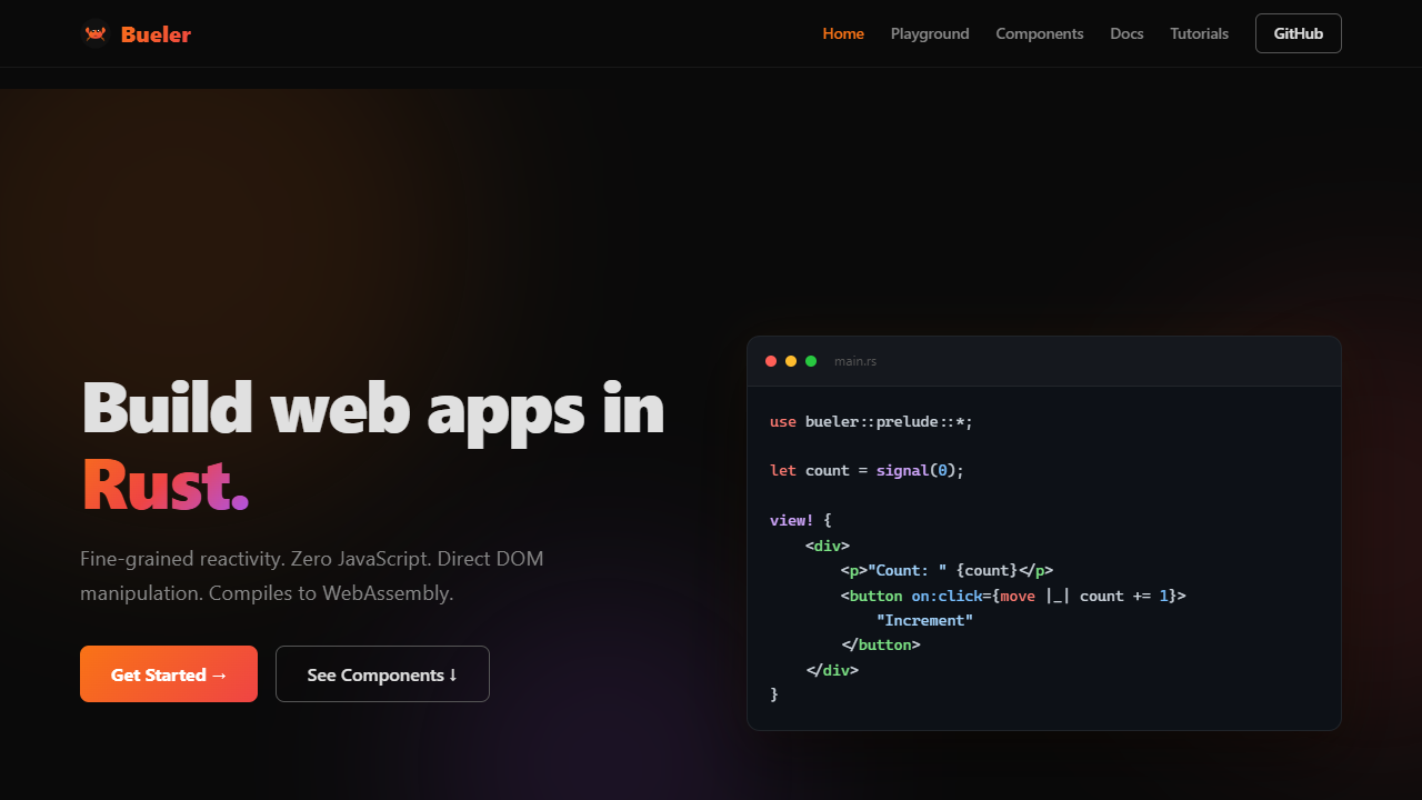 Bueler live site screenshot in dark mode