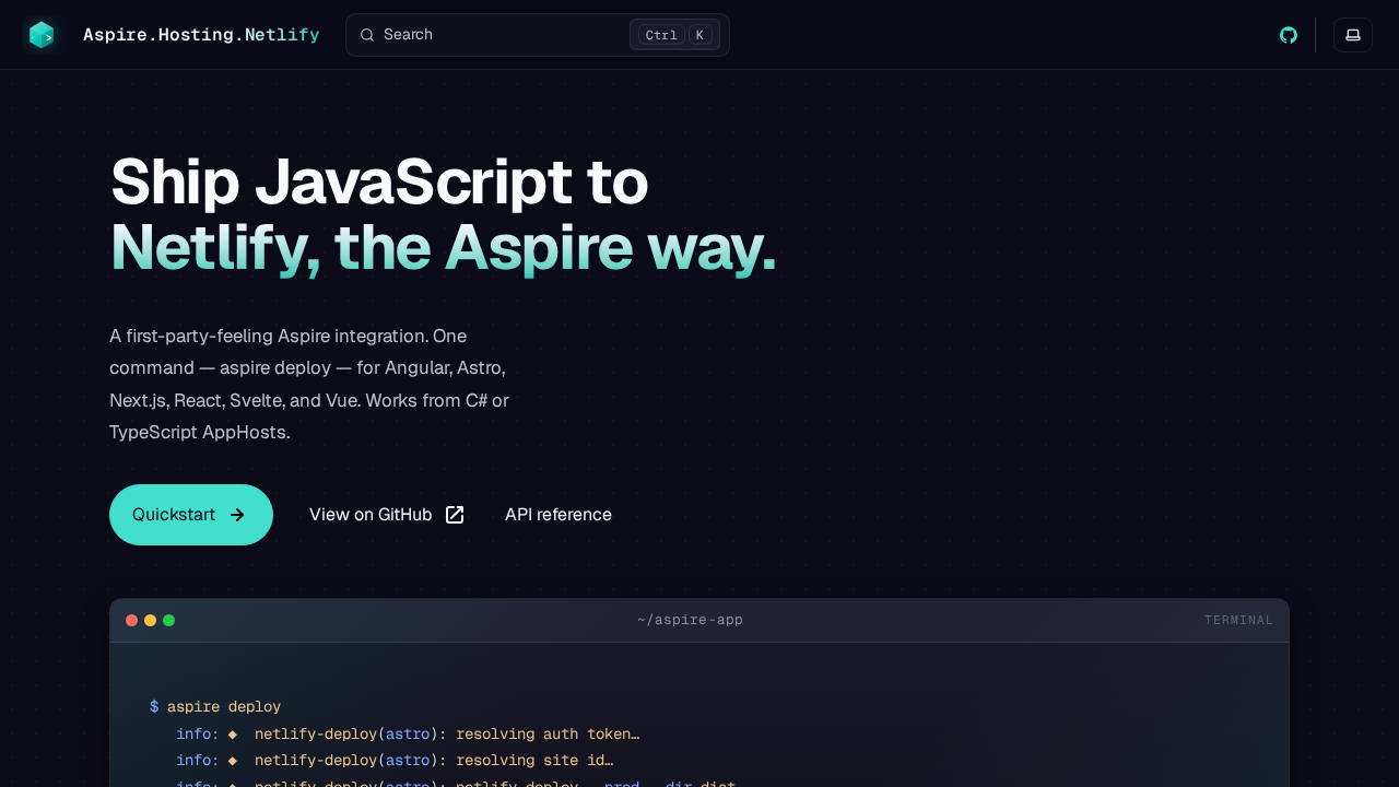 Netlify Aspire Integration GitHub Pages deployment screenshot in dark mode