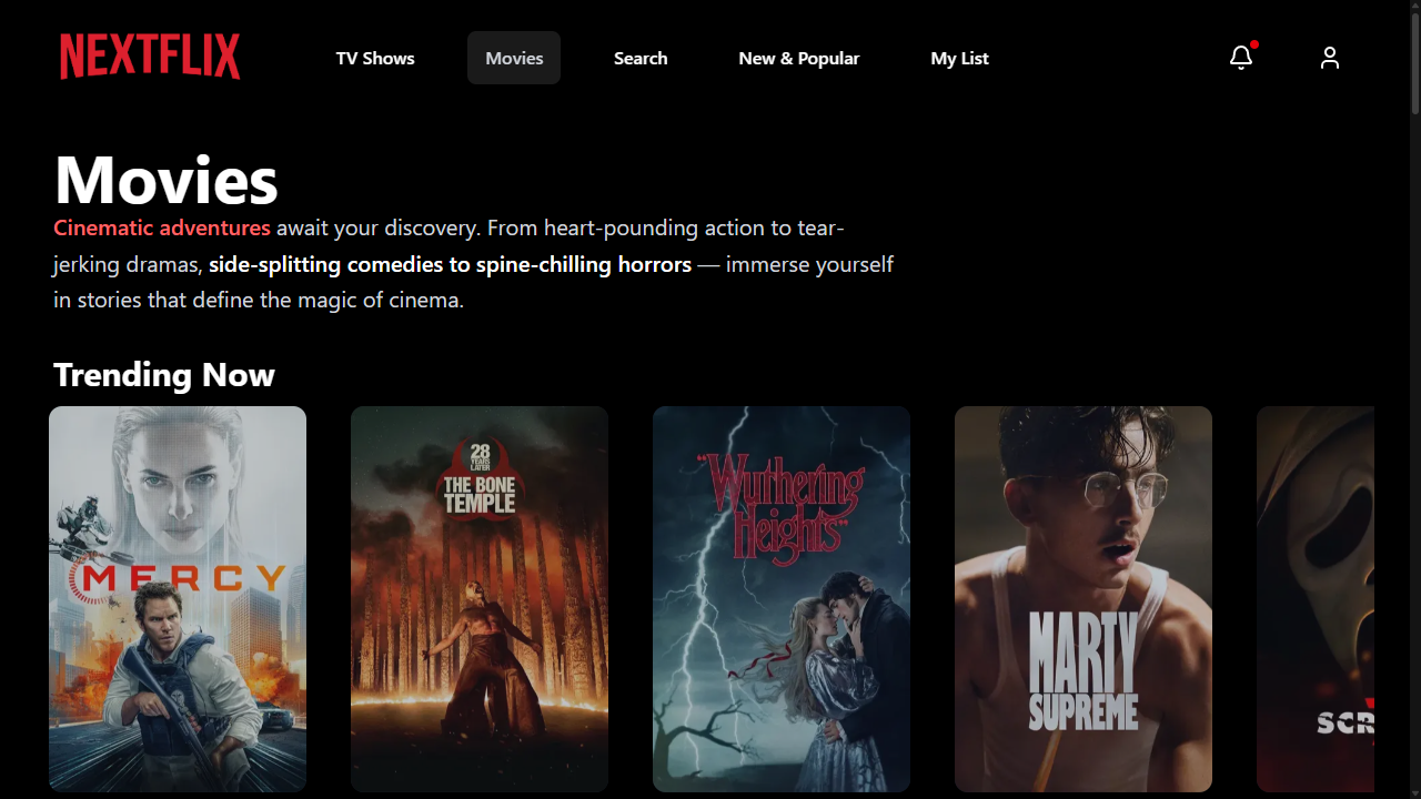Nextflix live site screenshot in dark mode