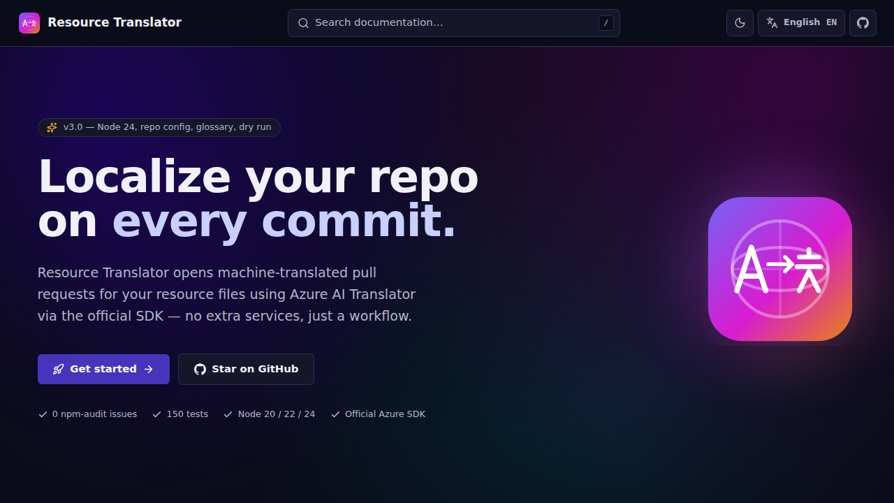 Resource Translator GitHub Pages deployment screenshot in dark mode