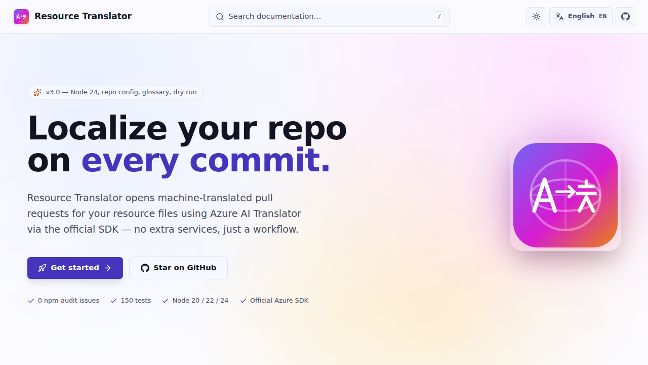 Resource Translator GitHub Pages deployment screenshot in light mode